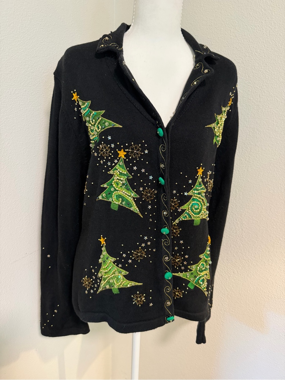 Vintage Black Cardigan Green Gold Holiday Christmas 🎄 Tree Ugly Sweater Just B